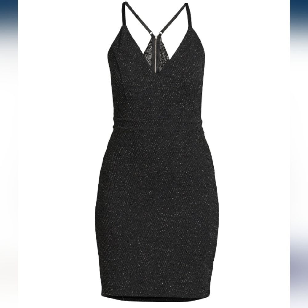 Black Glitter Lace Bodycon Mini Dress Women Size L Party Club Cocktail Sparkly